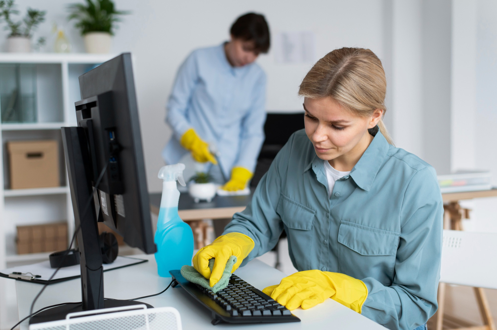 bueroreinigung-pc Zwei Mitarbeiter reinigen Arbeitsplatz mit PC
