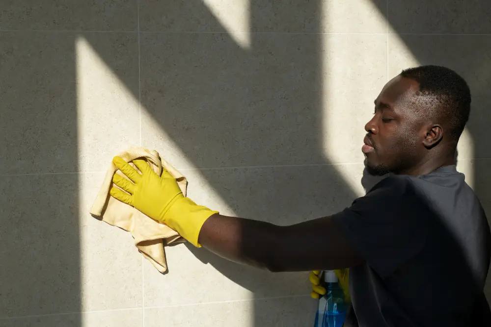 Reinigungskraft säubert mit Tuch eine Wand im Gegenlicht