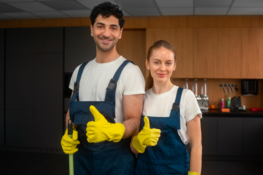 duo-reinigung-handschuhe Zwei Reinigungskräfte posieren mit gelben Handschuhen in der Küche